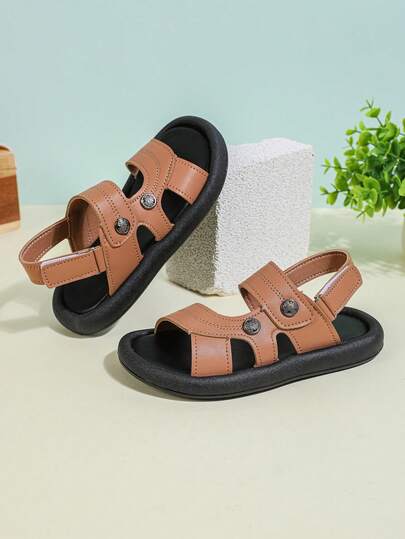 1 Pair Unisex New PU Hook And Loop Design Flat Cute Open Toe Sandals, Shock-Absorbing Non-Slip Children Beach Shoes, Suitable For Summer Daily Wear And Beach Vacation