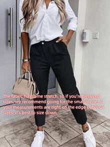 Women's Plus Size Solid Color Elastic Ankle-Length Pants, With Pockets, Zipper And Button Closure, Casual & Business Wear, Suitable For Spring, Autumn, Winter, Commuting, Daily, Holidays, Christmas, Versatile - Black - View 4