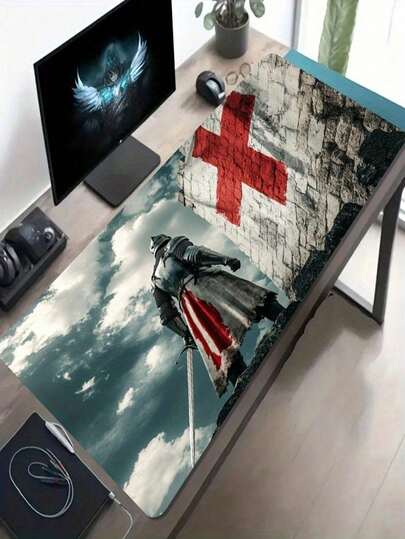 1 件装大尺寸电子游戏鼠标垫，十字军骑士城堡红十字中世纪史诗艺术图案，防滑可水洗橡胶底，大尺寸桌面垫，办公配件，也可作键盘垫、桌垫或书架使用，是游戏玩家、办公室和宿舍的理想之选，适用于电脑、办公和游戏环境，是送给游戏玩家的礼物，兼容鼠标和轨迹球。