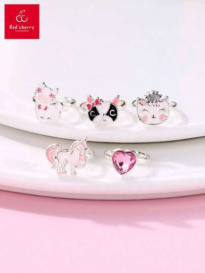 5pcs/Set Zinc Alloy Cat & Unicorn Pink Acrylic Heart Shaped Adjustable Rings, Suitable For Children Daily Wear