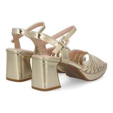 shoes&blues.es Sandalia de tacón ancho con plataforma para mujer, tacón y altura cómodos,  estructura de multi tira y cierre con pulsera ajustable de hebilla en el tobillo. Ideal para eventos - Dorado - Ver 5
