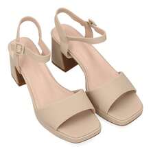 shoes&blues.es Sandalia de tacón ancho con plataforma para mujer, tacón y altura cómodos,  estructura de tira frontal y cierre con pulsera ajustable de hebilla en el tobillo. Ideal para eventos - Beis - Ver 6
