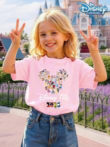 Disney Girls' T-Shirt With Mickey Mouse Head Patchwork, Disney Character Print, Disney Trip 2026 Text Pattern, Cute And Casual Style, Summer, Disney Theme Park Trip, Girls' Round Neck Short Sleeve. - 淺粉色 - 查看 1