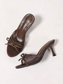 Women's Breathable Mesh Open Toe High Heel Sandals, Bowknot Decor, Versatile Minimalist Style Summer New Arrival - Khaki - View 3