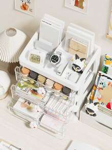 Hộp đựng đồ trang điểm 4 tầng có thể mở rộng, chất liệu PP bền chắc, thiết kế hình chữ nhật tối giản không khung, phù hợp cho phòng tắm, bàn trang điểm, trang trí nhà cửa và lưu trữ đồ dùng trên bàn làm việc văn phòng. - Thỏ Dâu Trắng - Xem 4