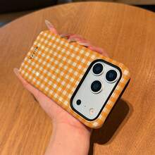 白色格子图案橙色格子图案二合一手机壳，兼容 17、16、15、14、13、12、11 和 Pro Max 系列，春季复活节礼物 - 橘色 - 查看 4