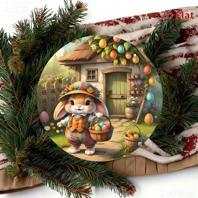 1pc 2D Plane Easter Bunny Basket | Round Artificial Wood Decor Plaque, Size 19.99x19.99cm, Ideal For Wall Decor In Home, Shop, Cafe, Bar, Office, Perfect For Wedding, Housewarming Party And Celebration