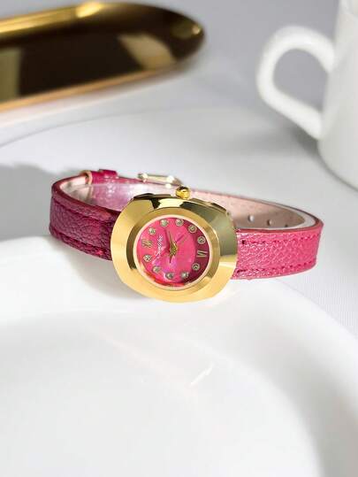 SUNLIFEX 1pc Fashionable & Elegant Retro Round Leather Strap Women's Quartz Watch, With Rhinestone Indexes, Compact & Refined, Casual Style. Suitable For Daily Wear, Office, Party And Other Occasions. A Perfect Gift For Women.