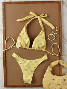 Nuovo set bikini da donna con stampa a pois gialli, stile fascia, sexy, casual ed elegante, adatto per spiaggia, vacanze primaverili/estive - Multicolore - Visualizzare 4