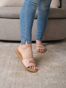 Sandalias Planas Para Dama Varios Colores Con Aplique Metálico Estilo IDUNA101 Material Sintético Casual Elegante Fiesta - Rosa - Ver 3