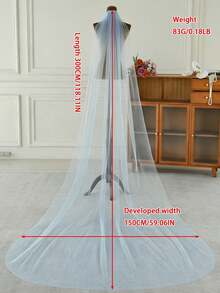 1件浅蓝色薄纱婚纱头纱，3米长新娘头纱 - 淺藍色 - 查看 5