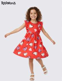 Girls' Dress With Heart Ruffles - Red - View 2