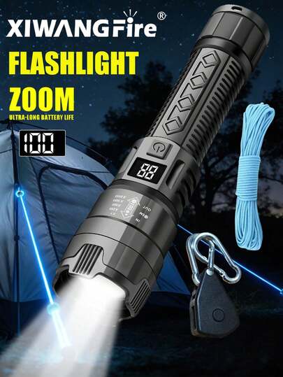 XIWANGFIRE 三件套便携式变焦LED手电筒套装，配有9芯4mm夜灯帐篷绳和滑轮绳扣，多功能户外USB充电应急手电筒，适用于紧急情况、露营、徒步旅行等场景。