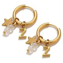 一对低过敏性不锈钢耳环，A-Z 个性化字母星形水晶吊坠耳环，防水不褪色耳饰，女士日常礼物 - 金色 - 查看 33
