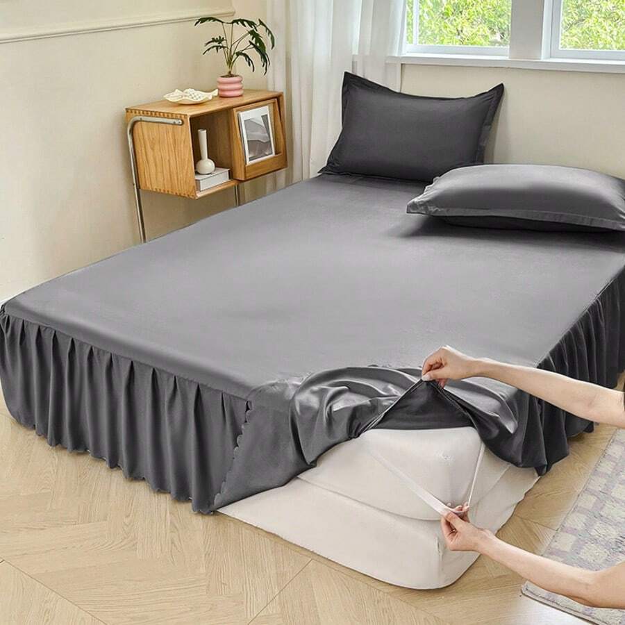 1pc Soft Cloud Series Solid Color Bedding, Elegant Home Decor, Silky Smooth, Pleated Ruffle Trim, Cozy Romantic, Elastic Band Design To Fit Mattress, Suitable For Bedroom, Guest Room, King, Queen, Hotel, Multi-Size, Removable & Machine Washable