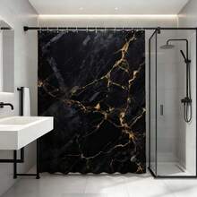 “黑金大理石纹理浴帘，惊艳的黑金大理石纹理，闪耀的金脉，防水涤纶浴帘套装，带挂钩，高端奢华浴室装饰，现代家居，酒店水疗风格浴室配件” - 黑金 - 查看 11
