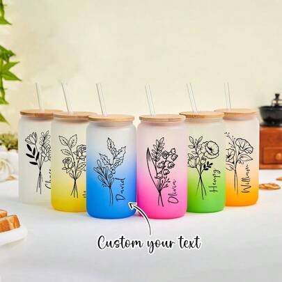 1PC Personalized Name Cup With Birthday Flowers, Custom Iced Coffee Cup Gifts For Her, Glass Water Cup, Bubble Tea Cup, Beer Can, Kitchen Water Cup, Halloween, Beer Festival, Back-To-School, Valentine's Day, Birthday, Christmas Gifts