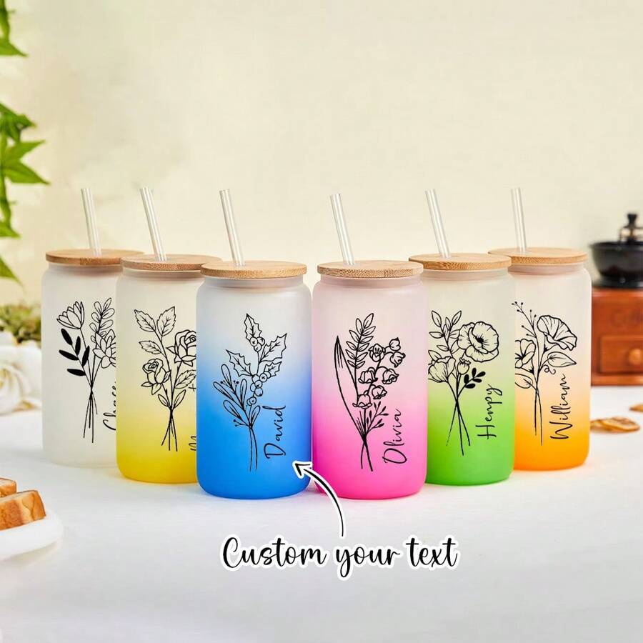 1PC Personalized Name Cup With Birthday Flowers, Custom Iced Coffee Cup Gifts For Her, Glass Water Cup, Bubble Tea Cup, Beer Can, Kitchen Water Cup, Halloween, Beer Festival, Back-To-School, Valentine's Day, Birthday, Christmas Gifts - Multicolor - View 1