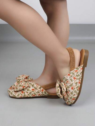 1 Pair Girls' Flat Slippers, 2026 New Fashion Bow Floral Open Toe Suede Princess Sandals
