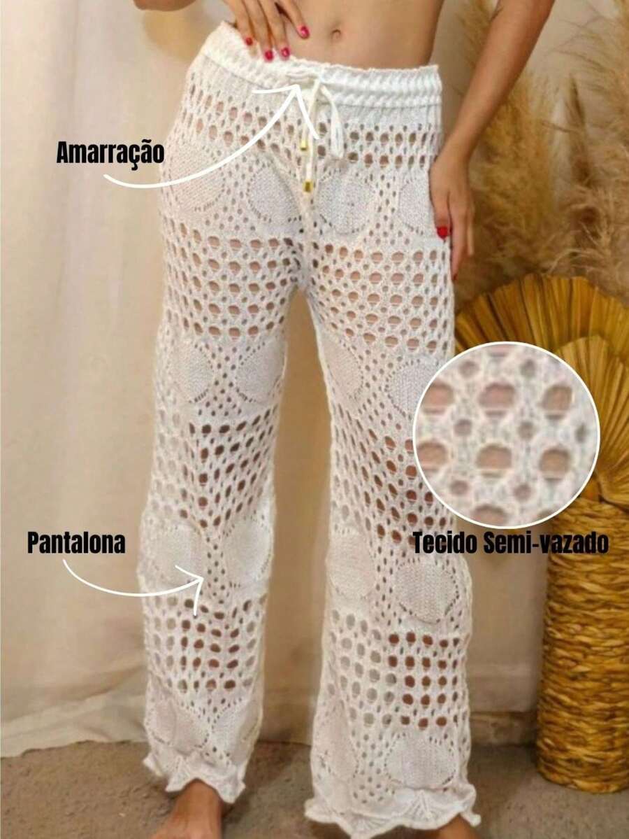 Women's Beach Cover-Up Pants, Knitted Crochet, Openwork, Elegant Boho Chic, Summer Beach Fashion - Negro - Ver 1