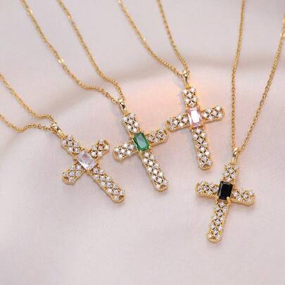 Titanium Steel Gold-Color Fully Cross Necklace, Luxury High-End Jewelry, Suitable For Wedding, Romance Gifts, Daily Matching