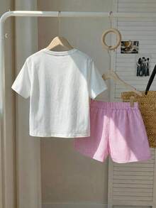 2pcs Conjunto dos piezas de ropa de mujer de verano parte superior estampado corazones color rosa manga corta y shorts a rayas ajustables sin bolsa, ropa de ocio y vacaciones de playa - Blanco - Ver 4