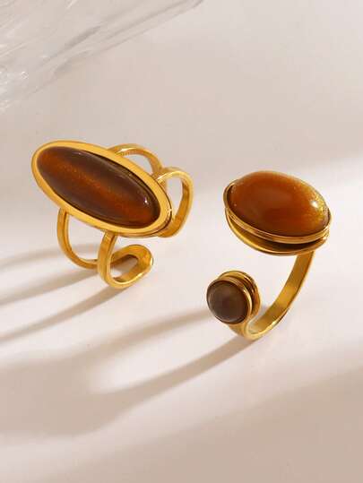2pcs/Set Stainless Steel Geometric Oval Cat Eye Stone Rings Set, Suitable For Women's Daily And Party Wear