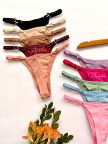 Set Of 5 Double Microfiber Thong Panties With Adjustable Heart-Shaped Straps And Cotton Lining - Nhiều màu - Xem 10