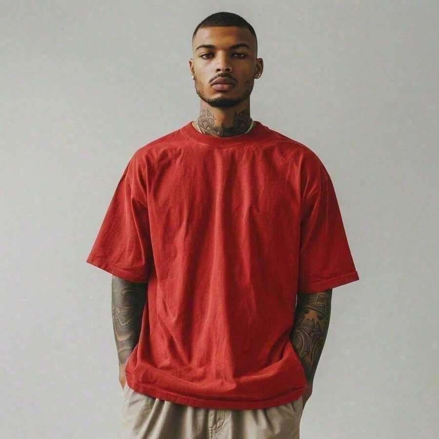 Basic Oversized T-Shirt Without Print, 100% Cotton, Sizes S To Plus Size 6XL, Available In 17 Colors. - 紅色 - 查看 1