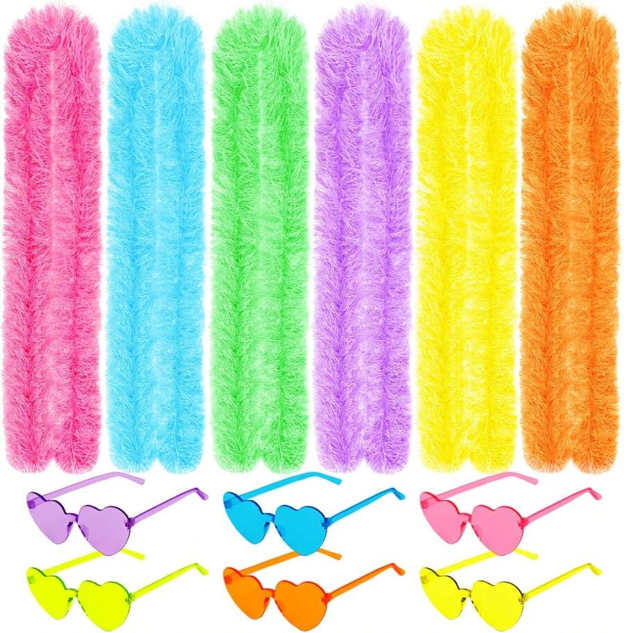12PCS Feather Boas Party Pack With 6.6ft Boas And Heart Sunglasses - Multiple Colors - View 1