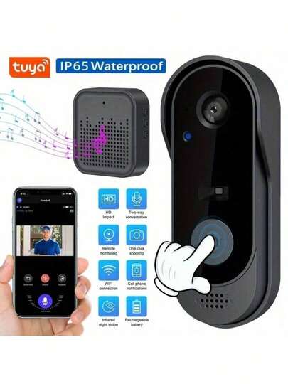 1 pieza Cámara de timbre inalámbrica inteligente, Video HD 1080P, Audio bidireccional, Alarma de detección de movimiento, Visión nocturna, Almacenamiento en tarjeta SD, Instalación autoadhesiva, Conectividad, Cámara de /interior recargable, Monitoreo remoto, Compatible con smartphones/tabletas, Configuración fácil, Intercomunicador de voz, Batería de litio, Cámara de vigilancia doméstica de alta definición