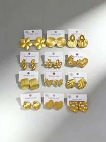 Set de 24 piezas - (Estilos aleatorios) Pendientes de acero inoxidable chapados en oro, estilo elegante, set de pendientes de acero inoxidable hipoalergénicos, regalo de pendientes perfecto para mujeres - Talla única - Ver 8