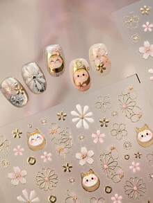 1个可爱招财猫粉色樱花金色印花3D果冻自粘美甲贴纸樱花春季美甲贴花 - 彩色 - 查看 8