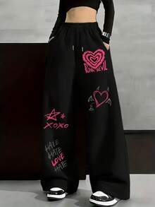 Women's Wide Leg Printed Streetwear Pants With Heart Punk Devil Xoxo Straight Leg With Pockets Basic Romantic Casual Sexy For Going Out Knit Fabric Pocket Drawstring Tie Birthday Party Holiday Travel Diary Home - 黑色 - 查看 1