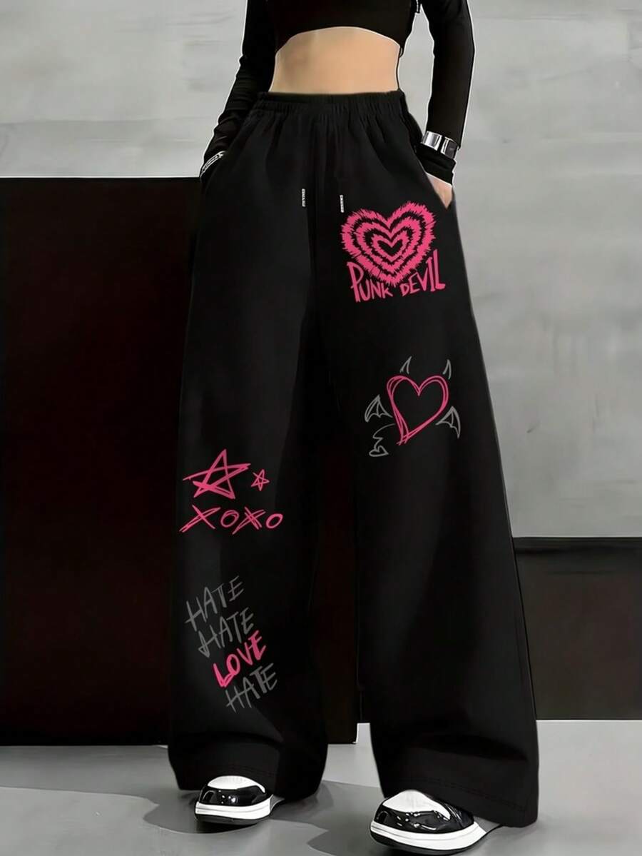 Women's Wide Leg Printed Streetwear Pants With Heart Punk Devil Xoxo Straight Leg With Pockets Basic Romantic Casual Sexy For Going Out Knit Fabric Pocket Drawstring Tie Birthday Party Holiday Travel Diary Home - 黑色 - 查看 1