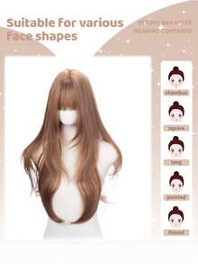1pc Black Heat-Resistant Straight Synthetic Wig, Fiber Material, Suitable For Daily Wear, Natural & Realistic - Gold - View 2