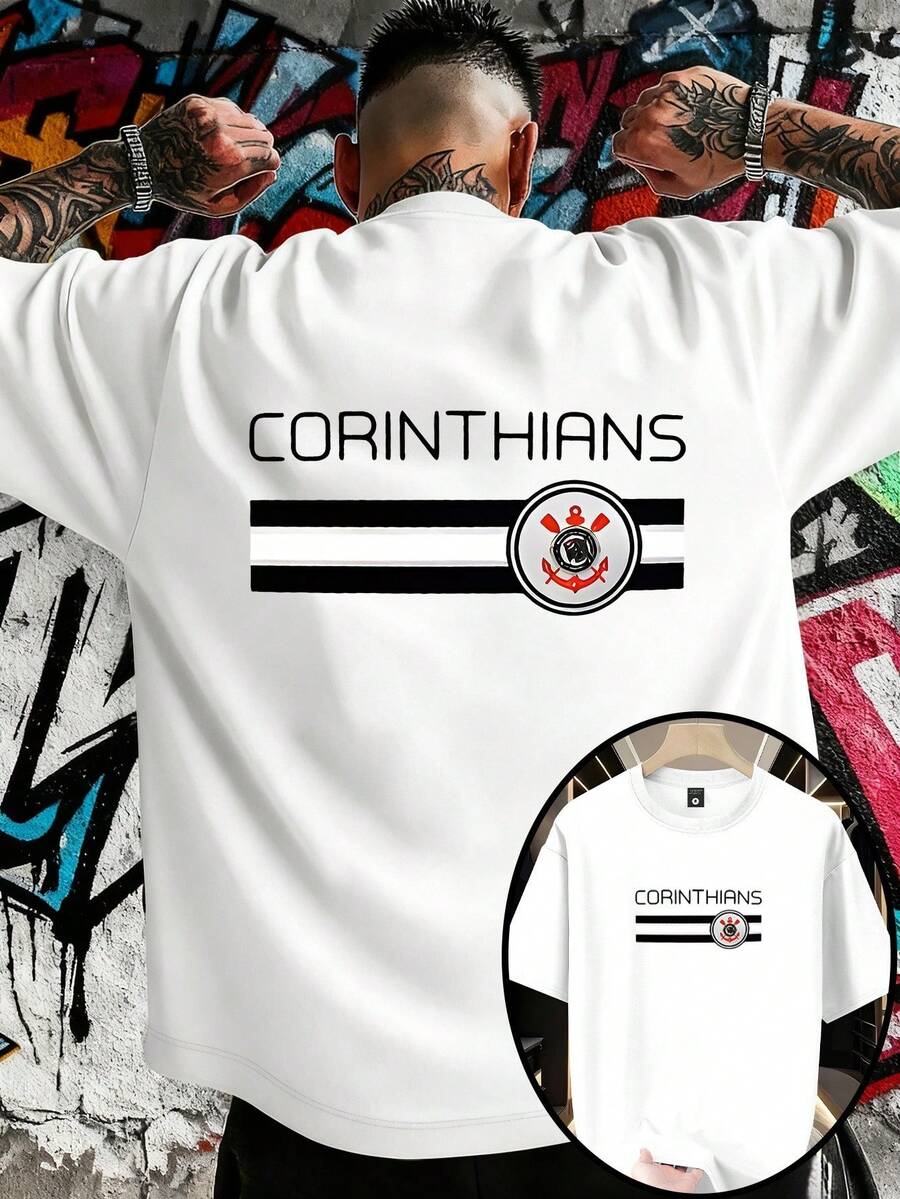 Camiseta de Time T-shirt de Manga Curta para Homem Gola Redonda Casual, Tecido Confortável, Corte Solto, Adequado para Uso Diário e Eventos Temáticos, Roupa Desportiva de Fitness - Branco - Visão 1