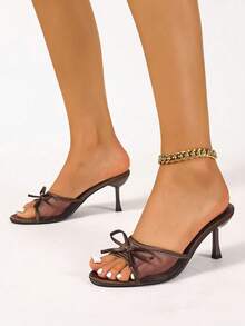 Women's Breathable Mesh Open Toe High Heel Sandals, Bowknot Decor, Versatile Minimalist Style Summer New Arrival - Khaki - View 8