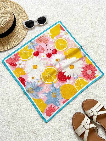 1pc Women's Spring New 70cm Silk Scarf, Lemon Floral Print Versatile Accessory, Suitable For All Seasons Daily Wear