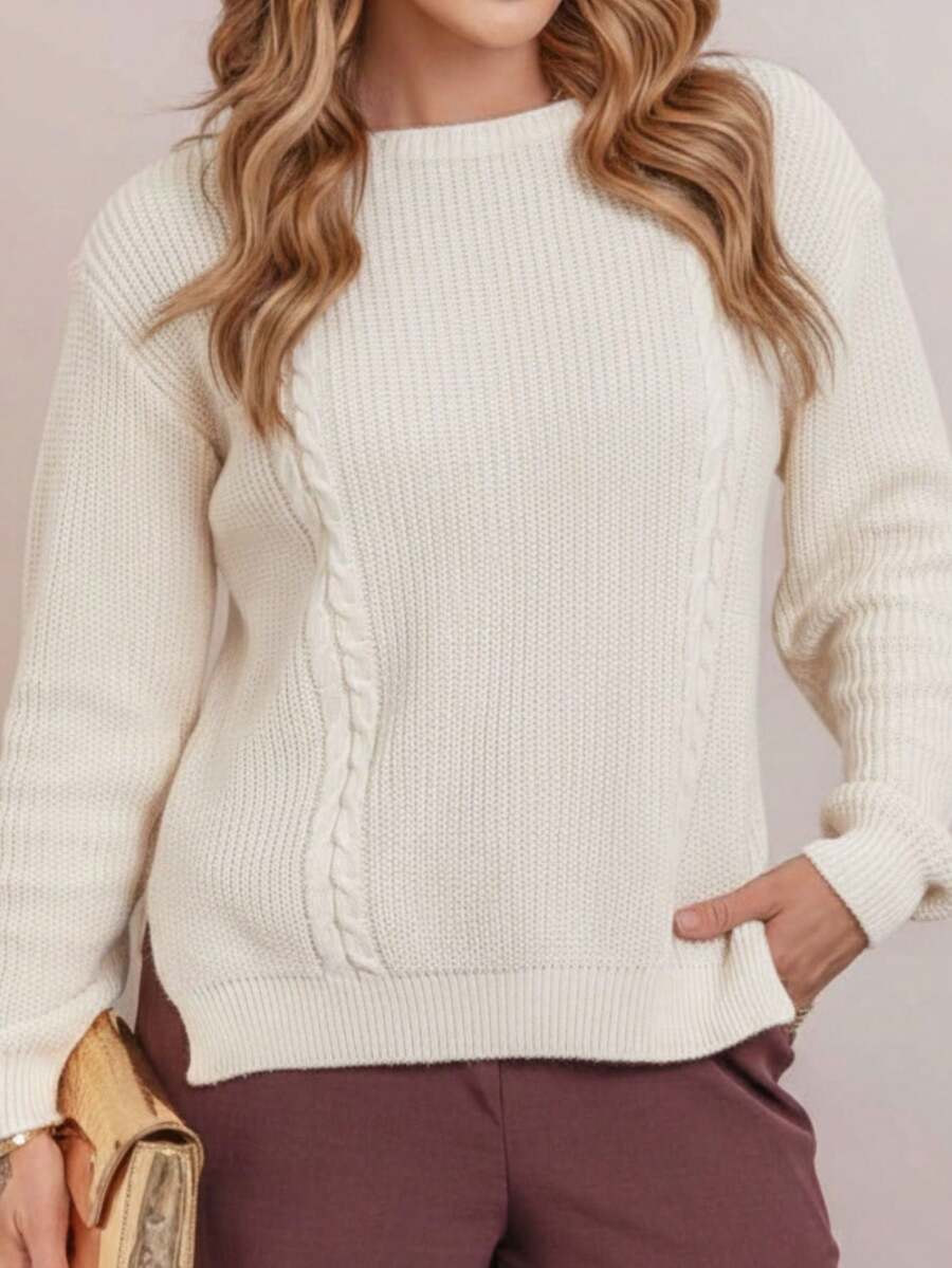 Blusa Feminina Tricot Inverno Trança Aberta na Lateral Suéter Feminino Tricô Manga Longa