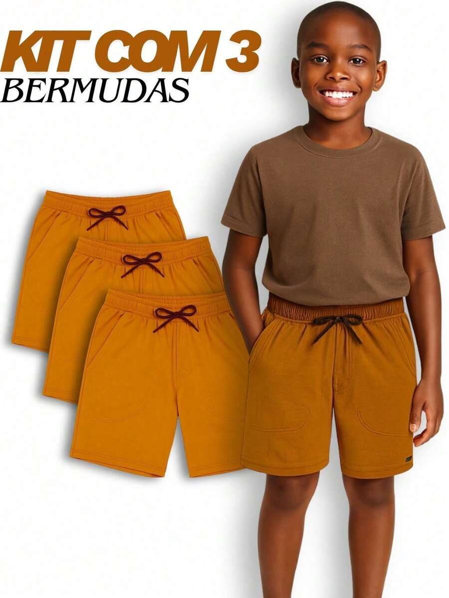Set Of 3 Boys' Cotton Fleece Shorts With 2 Large Pockets - Caramel - View 1