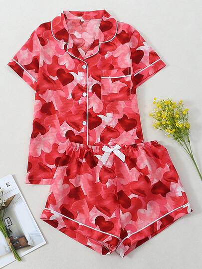 Heart Print Women's Bubble Crinkle Short Sleeve Shorts Pajama Set