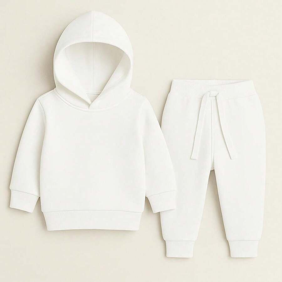 Hooded Sweatshirt And Pants Set, Flannel Lined, Unisex, Boy/Girl, Warm Cotton - 白色 - 查看 1