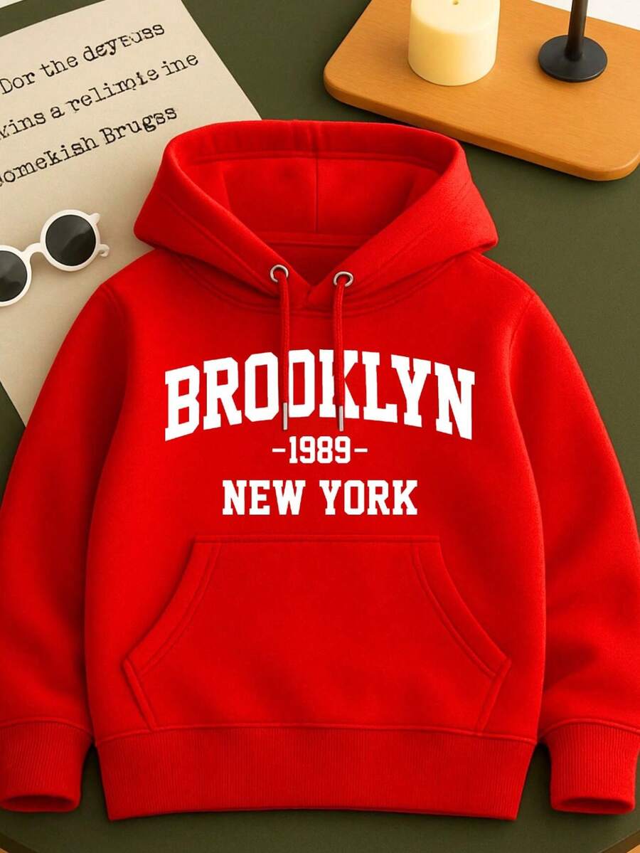 Brooklyn Printed Children's Kangaroo Sweatshirt With Hood Cotton Comfortable Child Various Colors And Sizes - 紅色 - 查看 1