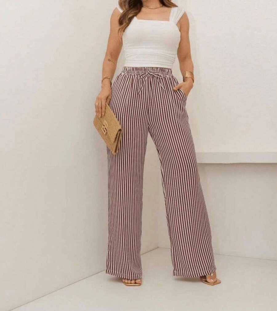 Wide Leg Striped Palazzo Pants With Elastic Waistband And Pockets. - Mocha Brown - View 1