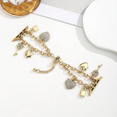 Nueva correa con cadena de accesorio con forma de corazón completamente cubierta de diamante de imitación, apta para series 1-10 de 38/40/41/42/44/45/49mm, banda de metal (solo la correa, el reloj no está incluido)