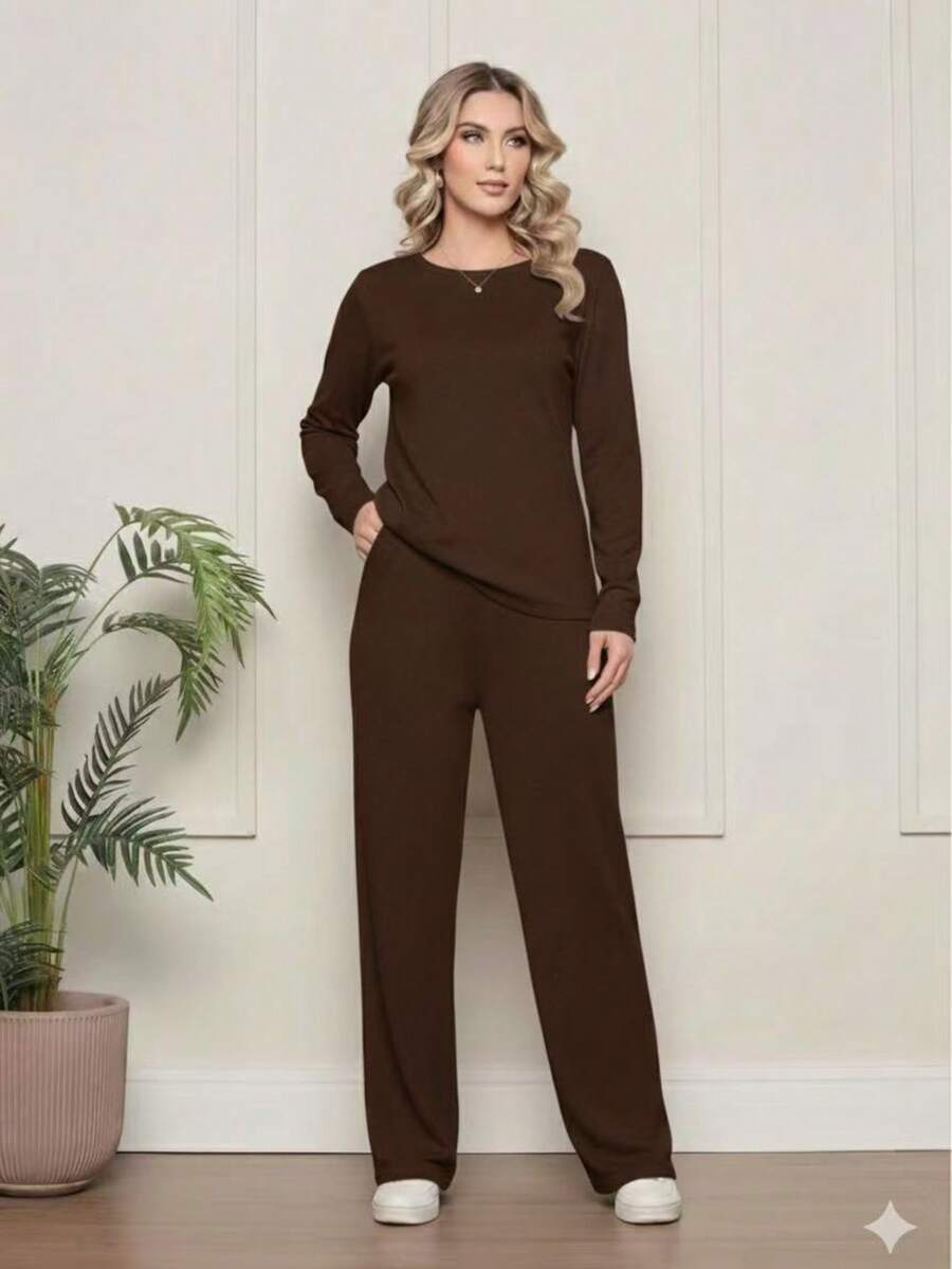 Lantern Sleeve Set, Shirt & Slanted Pocket, Women's Pants, Wool Fabric. - Cà phê nâu - Xem 1