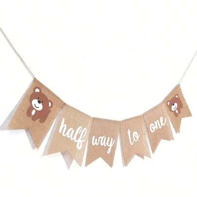 1 Set Half Birthday Decoration Banner - Bear Design, 1/2 Vintage Burlap Hanging Banner Photo Prop, Boy Half Year Smash Cake Party Photo Accessory (Bear Design)