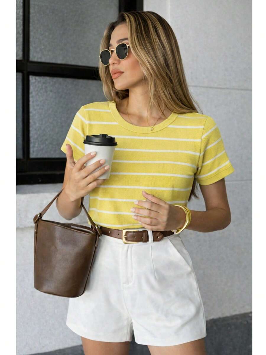 Women's Ribbed Cotton Striped Basic Two-Tone T-Shirt - Casual Autumn/Winter/Summer American Style - YELLOW STRIPED - View 1