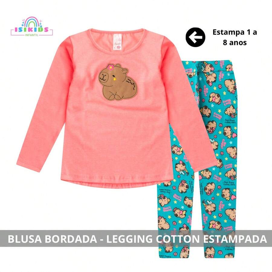 2-Piece Children's Winter Clothing Set For Girls, Ages 2-8, Mid-Season - 1 Embroidered Blouse And 1 Leggings - 新鮭魚 - 查看 1